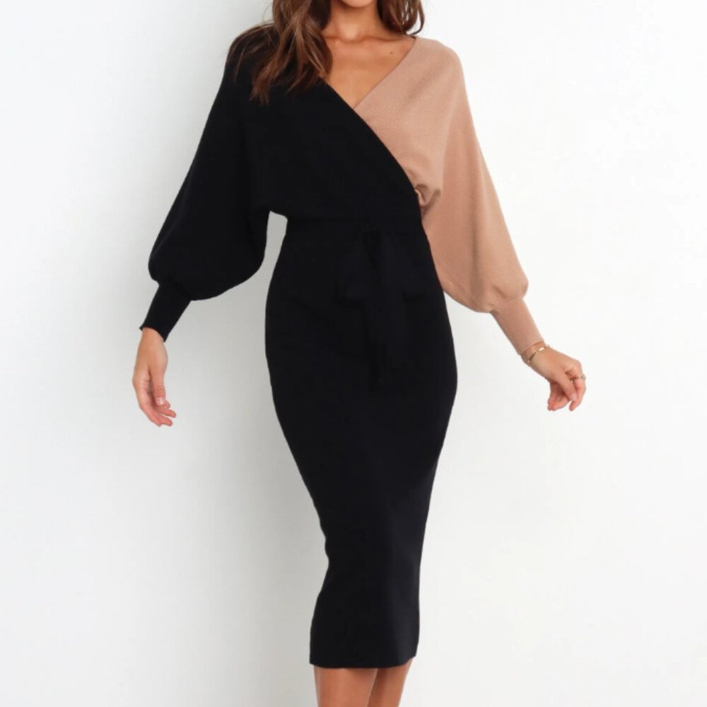 Petal & Pup Nate Sweater Dress in Black and Beige